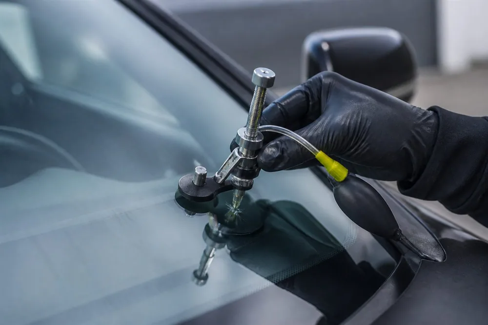 Close-up of a stone chip in vehicle glass before resin repair