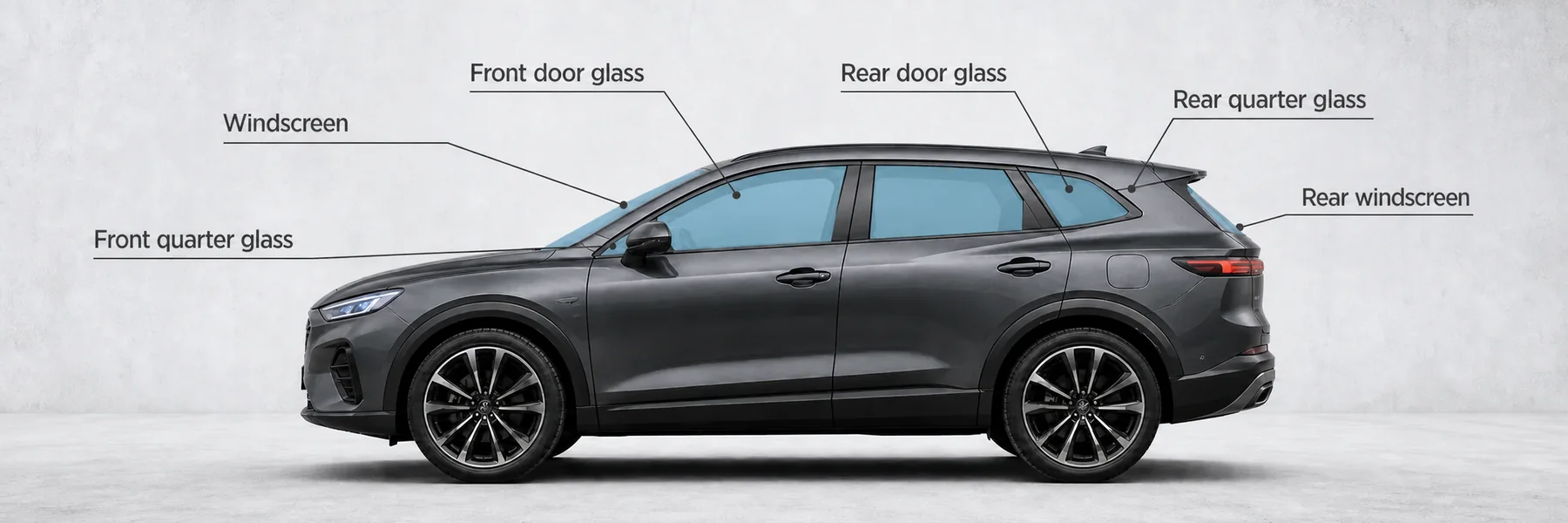 Vehicle glass diagram identifying the windscreen, front and rear door glass, front and rear quarter glass, and rear windscreen
